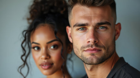 A close-up image of a young couple with differing hairstyles, one with curly hair and the other with straight hair, both looking attentively into the camera lens.の素材
