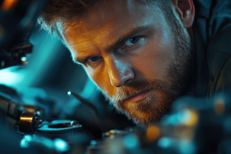 A detailed close-up of a man with blue eyes engaging with machinery, showing his dedicated and focused expression. Great for themes relating to precision and engineering.の素材