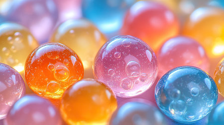 A close-up photograph capturing translucent colorful gel beads, illuminated beautifully against a bright background, emphasizing their clarity and vibrant hues, ideal for creative projects.の素材