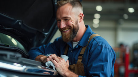 A jovial male mechanic in blue overalls laughs heartily as he works on a vehicle, reflecting camaraderie, expertise, and joy in a hands-on automotive repair shop during a productive day.の素材