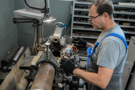 An industrial technician in an organized workspace, using precision tools to work on a piece of metal held in a lathe machine, demonstrating extensive skill and technique.の写真素材