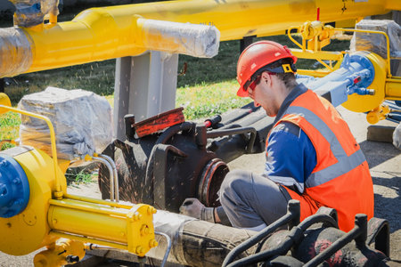 Worker in red hard hat and orange vest, grinding a pipe outdoors while wearing protective gear, highlighting safety, precision, and industrial skills at a worksite.の写真素材
