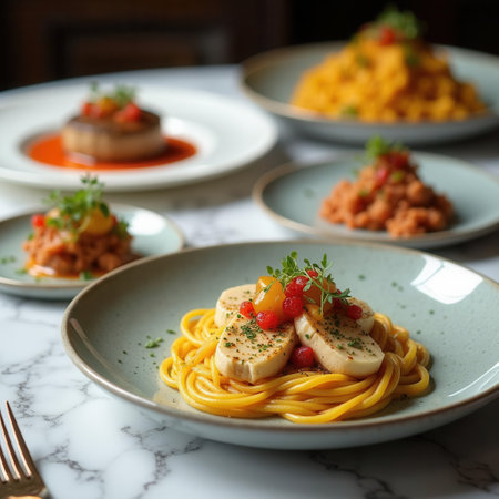 A gourmet pasta dish garnished with fresh herbs, beautifully plated alongside other exquisite dishes, all set on a sophisticated marble table in a fine dining setting, invoking a luxurious culinary experience.の素材