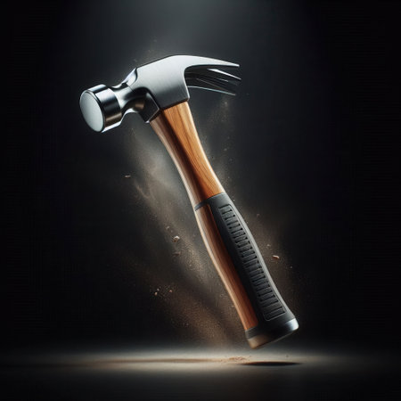 An image of a hammer with a polished wooden handle, captured in mid-air with a dynamic burst of dust and dramatic lighting highlighting its precise craftsmanship and design.の素材