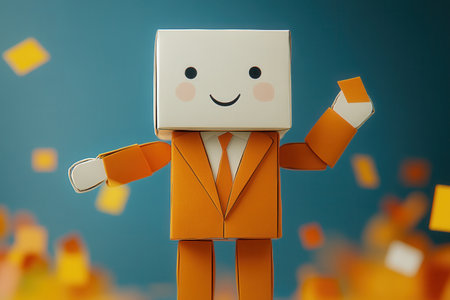 A cheerful square-faced character wearing an orange suit, waving against a dynamic, colorful backdrop. This playful, artistic design exudes positivity and friendliness.の素材