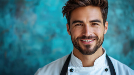 A charismatic male chef, dressed neatly in his uniform, grins widely in a chic kitchen with a turquoise backdrop, embodying professionalism and charm in culinary arts.の素材