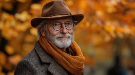 An elderly gentleman with a serene demeanor stands amidst golden Autumn foliage, wearing glasses and a stylish brown hat, embodying grace and reflection in nature.の素材