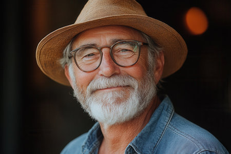 This close-up captures an elderly man with a gentle smile, wearing a hat and glasses, exuding warmth and wisdom, set against a blurred dark background.の素材