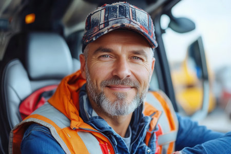 A cheerful mature man with a beard is wearing a plaid cap and orange work vest, sitting inside a vehicle. His smile and attire suggest a confident, experienced worker.の素材