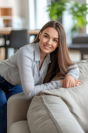 A young woman with long hair smiles while leaning on a comfortable couch in a bright, airy living room. The setting features indoor plants and a cozy atmosphere, inviting relaxation and warmth.の素材
