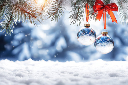 A winter scene showcasing snow-laden branches decorated with two glass ornaments and a bright red bow, capturing the essence of holiday charm and festive ambiance.の素材