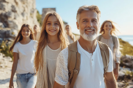 A happy family hikes on a rocky path, with the father leading and everyone smiling under blue skies, capturing a moment of togetherness and adventure in nature.の素材