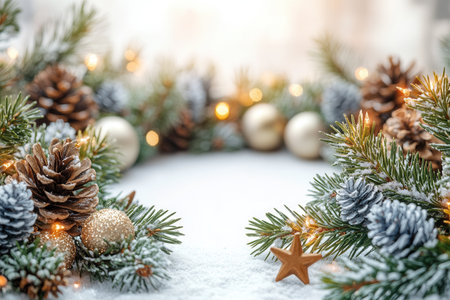 Holiday decorations featuring a blend of pinecones, ornaments, and twinkling lights create a cozy winter atmosphere. The arrangement is set against a soft, snowy background, evoking festive cheer and warmth.の素材