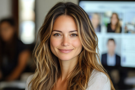 A charming young woman with wavy hair exudes positivity and charisma as she smiles warmly amidst a dynamic office background, full of energy and life.の素材