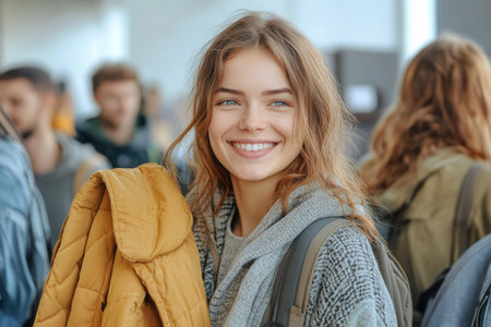 A young woman with long hair smiles brightly while holding a yellow jacket in a crowded indoor area. She wears a cozy sweater and appears cheerful amidst a group of people, showcasing a lively atmosphere.の素材