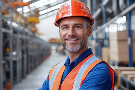 A warehouse worker in a bright orange hard hat and safety vest stands proudly in a large industrial facility. The background shows shelves stocked with goods, highlighting a productive workspace during daylight hours.の素材