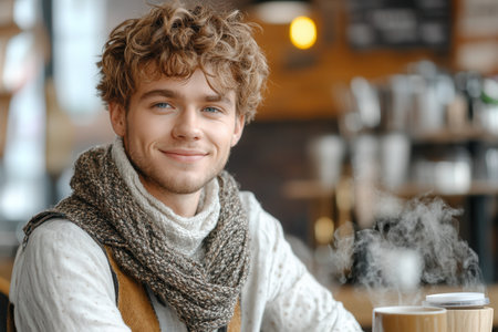 A cheerful young man with curly hair, warmly dressed, enjoys his steaming cup of coffee while sitting in a welcoming cafe, emanating relaxation and a love for coffee culture.の素材