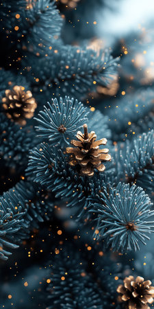 A close-up view of blue-tinted pine branches, adorned with small gold pinecones and gentle bokeh light effects, showcasing a sophisticated and serene holiday feel.の素材