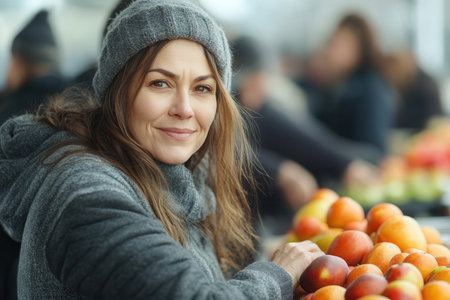 A young woman, dressed warmly in a knitted hat and sweater, smiles while selecting fresh apples at a market stall.の素材