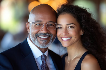A warmly smiling mature man and young woman side by side in an indoor environment, exuding warmth and familial connection, captured beautifully in soft, natural light.の素材
