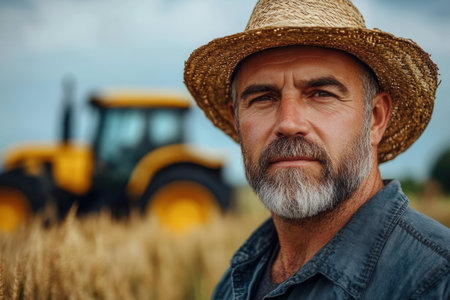 An elderly farmer with a gray beard and straw hat stands in a sunlit wheat field, a yellow tractor gently blurred behind, representing dedication and the cycle of life.の素材