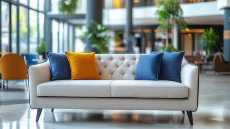 A beautifully designed white sofa featuring yellow and blue cushions is positioned in a contemporary hotel lobby. The spacious area is filled with plants and stylish furniture, creating a welcoming atmosphere for guests.の素材