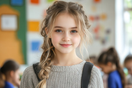 A cheerful girl with long hair is standing in a bright classroom filled with colorful decorations.の素材