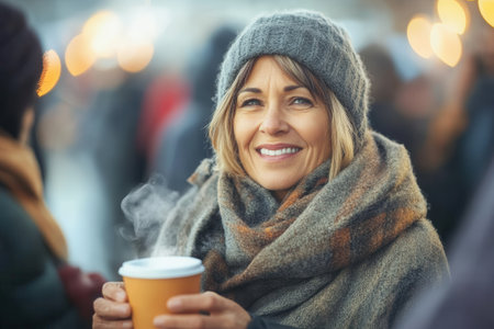 A woman stands in a bustling outdoor market, wrapped in warm layers and wearing a cozy hat. She holds a steaming cup of coffee, smiling brightly, while festive lights and people create a cheerful atmosphere around her.の素材
