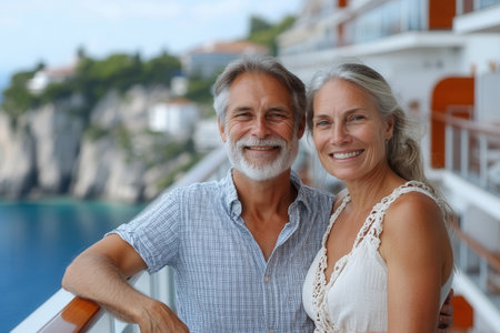 A joyful couple stands on the balcony of a cruise ship, smiling at the camera. The beautiful ocean and cliffs create a stunning backdrop as they enjoy their relaxing getaway together.の素材