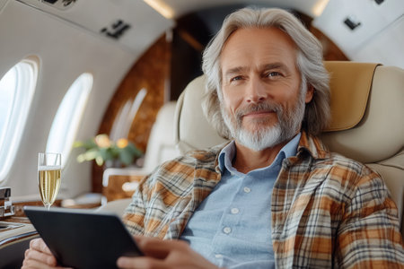 A refined elder gentleman enjoys serene moments in a lavish jet cabin, holding a tablet and sipping premium champagne. The cozy ambiance and soft lighting enhance relaxation.の素材