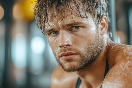 A bearded man with an intense expression and visible sweat on his face is looking directly at the camera in a gym, showcasing determination and focus in his workout routine.の素材