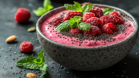 A vibrant raspberry smoothie bowl is topped with fresh raspberries and mint leaves, along with a sprinkle of chia seeds, creating a visually appealing and healthy dish perfect for breakfast or dessert.の素材