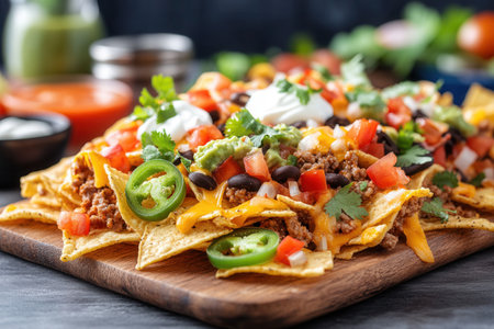 A platter filled with loaded nachos featuring layers of crispy tortilla chips, seasoned ground beef, melted cheese, fresh tomatoes, jalapenos, sour cream, and guacamole, ready to be enjoyed with salsa on the side.の素材
