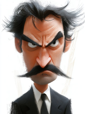 A humorous and exaggerated caricature of a mustachioed man in a suit giving an angry look, emphasizing his dramatic facial features for a comedic effect in art.の素材