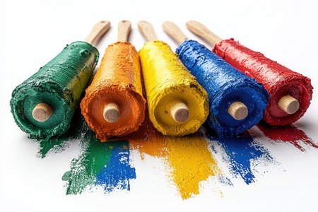 A collection of five paint rollers in bright colors rests on a clean white surface. Each roller is covered in thick paint, showcasing green, orange, yellow, blue, and red hues, with vibrant streaks beneath them.の素材