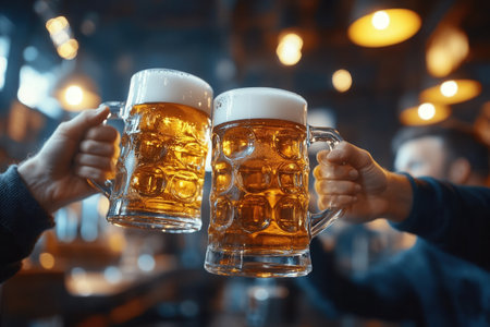 Two friends raise their large, frosty beer mugs in a cheerful toast at a bustling pub. The warm, inviting atmosphere is highlighted by soft lighting and the lively chatter of patrons enjoying their night out.の素材