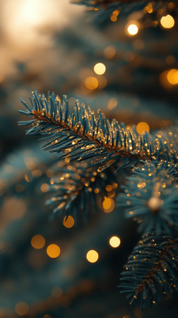 A pine branch in close-up, adorned with dewdrops sparkling in soft, golden light. The background features beautiful bokeh circles, adding a festive, magical atmosphere.の素材