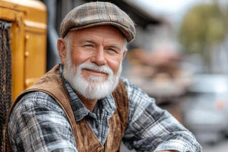 An elderly man with a friendly smile and a plaid shirt stands near a truck yard, capturing warmth, experience, and the passage of time, framed in a classic vintage perspective.の素材