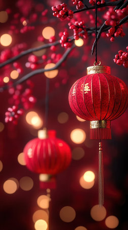 This image features red lanterns hanging from a branch laden with cherry blossoms, creating a warm and inviting glow amidst the darkness, symbolizing celebration and tradition.の素材