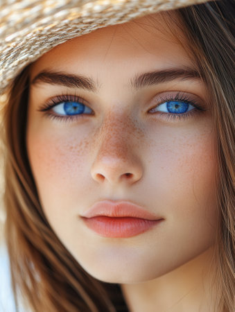 A young woman enjoys a bright day, her blue eyes catching the light under a straw hat. She presents a calm expression, highlighting her natural beauty and freckles in a serene outdoor environment.の素材