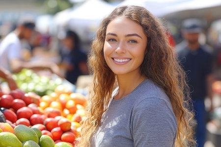 A cheerful young woman stands among vibrant displays of fresh fruits and vegetables at a farmers market. Her smile radiates joy as shoppers browse the colorful produce under sunny skies, creating a lively atmosphere.の素材