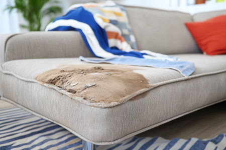 A couch with a damaged cushion shows stains and wear, while colorful throw blankets add a pop of color. The furniture is set in a vibrant living room filled with natural light and a cozy atmosphere.の素材