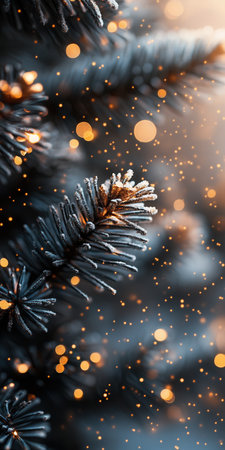 Up-close photograph capturing the beauty of frosted pine needles illuminated by enchanting, warm-toned lights, casting a magical spell, evoking nostalgic winter joy and wonder.の素材