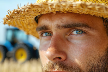 The image displays a close-up view of a blue-eyed man in a straw hat, his gaze intense as he stands in a sunlit wheat field, capturing the essence of determination and connection to nature.の素材