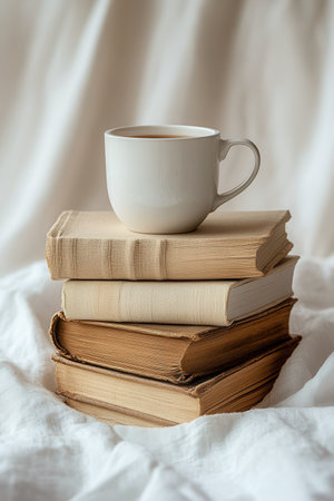 A warm cup of coffee rests on a stack of vintage books, creating a cozy atmosphere. Soft textures and neutral tones set the scene for relaxation and contemplation in a tranquil setting.の素材