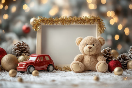 A cozy holiday setup showcases a fluffy teddy bear next to a vibrant red toy car, surrounded by golden ornaments and pinecones. The backdrop glimmers with warm lights, creating a cheerful seasonal atmosphere.の素材