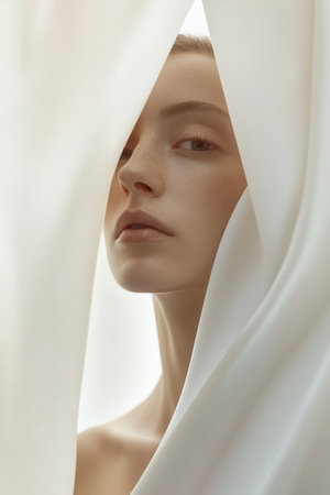 A young woman gazes thoughtfully from behind a flowing, sheer curtain. Soft natural light accentuates her features, creating a serene atmosphere in the indoor setting, suggesting calmness and contemplation.の素材