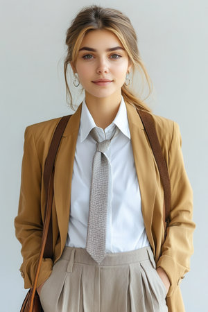 A young woman stands confidently with her hands in her pockets, wearing a beige blazer over a white shirt and a tie. The minimalist setting features a soft, light colored background, highlighting her stylish look.の素材