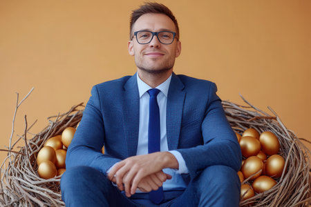 A professional man in a blue suit and glasses smiles while seated in a large nest filled with shiny golden eggs. The warm orange background adds to the striking and whimsical atmosphere of the moment.の素材