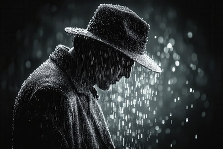 A solitary figure wearing a trench coat and hat stands silhouetted in the rain, capturing the sense of loneliness and introspection against a softly blurred backdrop of raindrops.の素材
